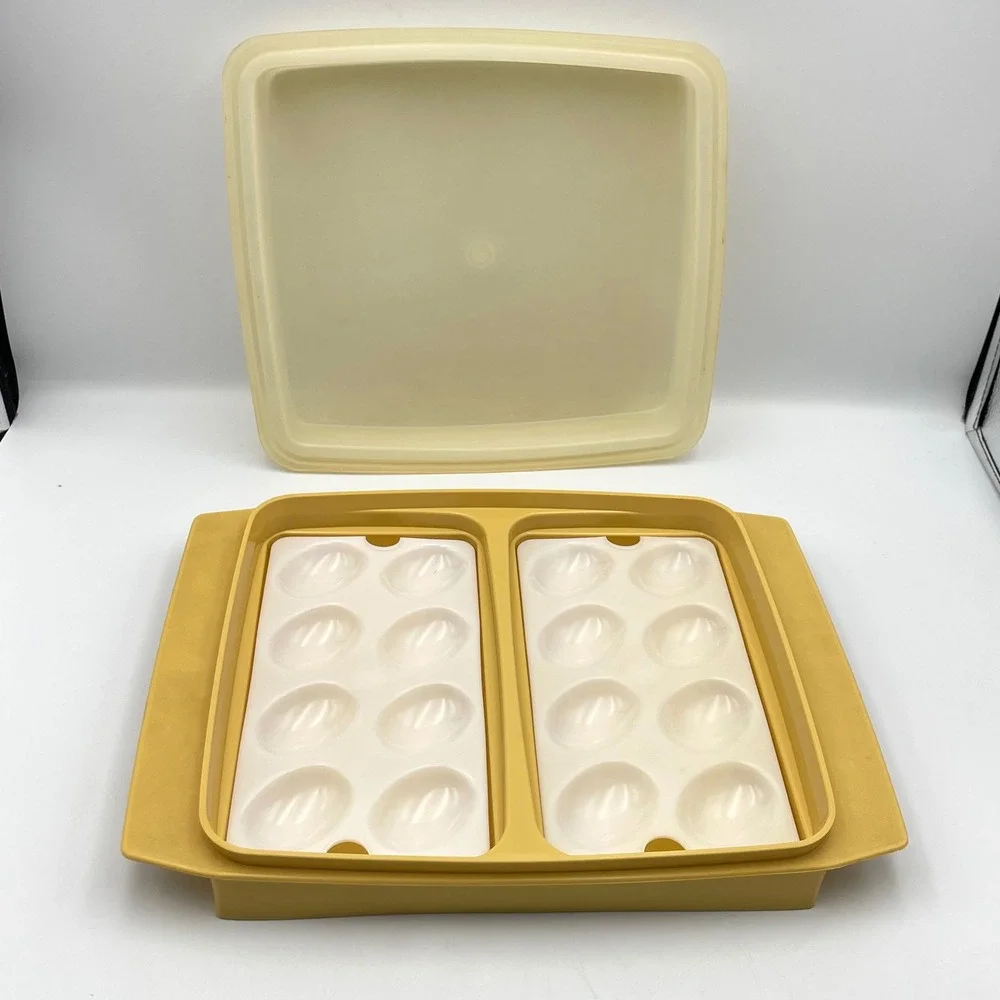 Vintage 1970s Tupperware 723-1 Deviled Egg Keeper Carrier Set of 2 Harvest Gold